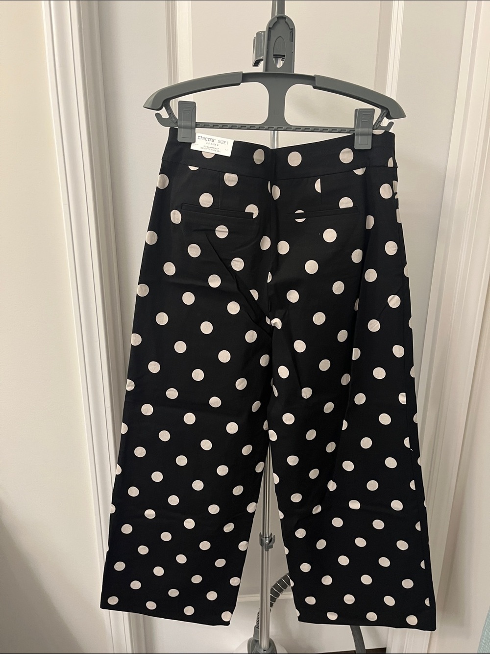 Chico's Brigitte Black Wide-Leg Crop Pants with Cream Polka Dot Print.